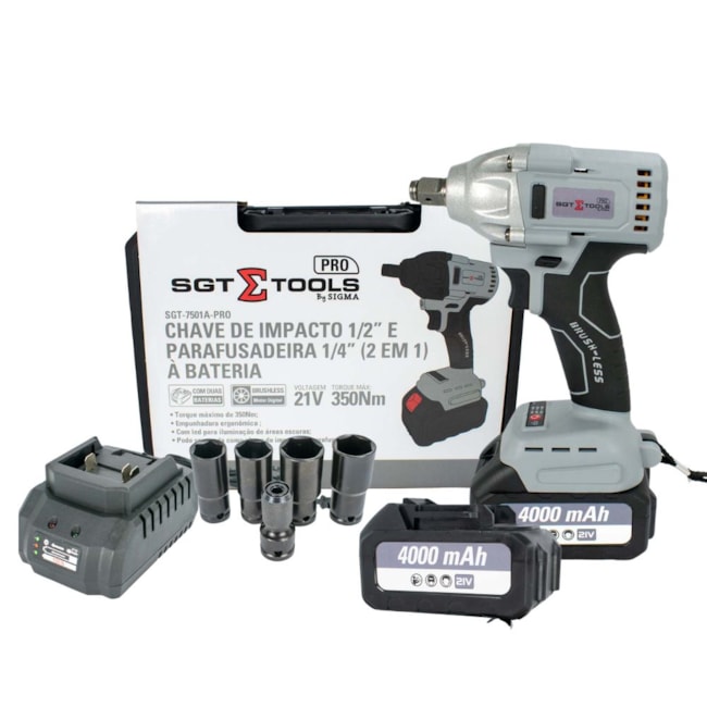 CHAVE DE IMPACTO 1/2 A BATERIA 350NM -  21V4AH  2 BAT -  BRUSHLESS - SGT7501A